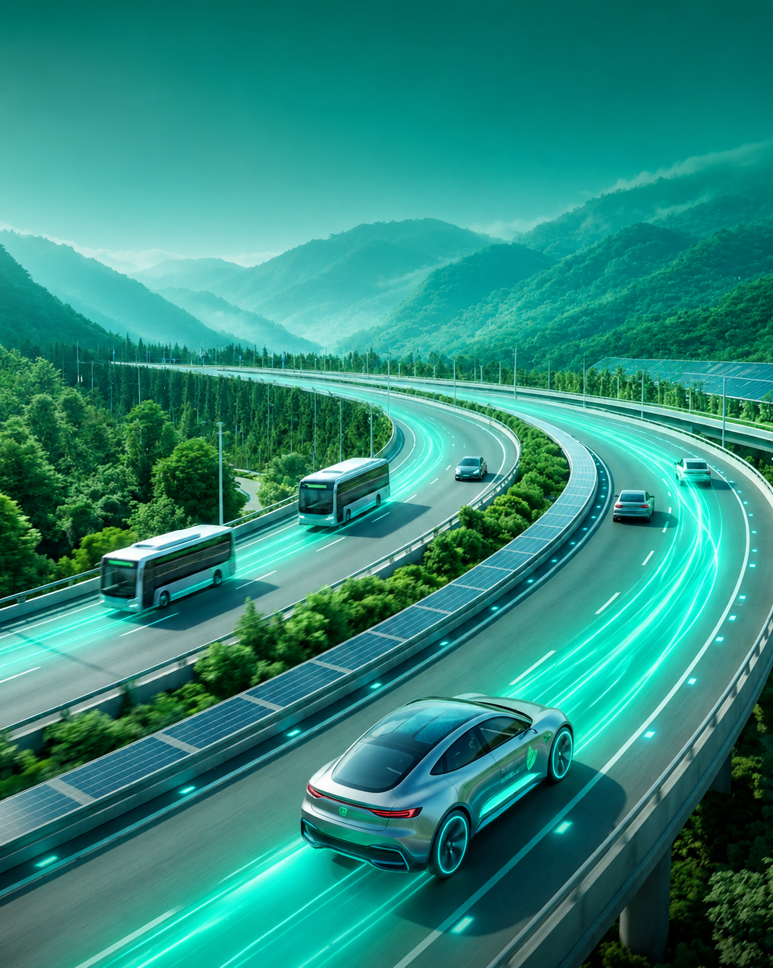 Highway with teal light lanes